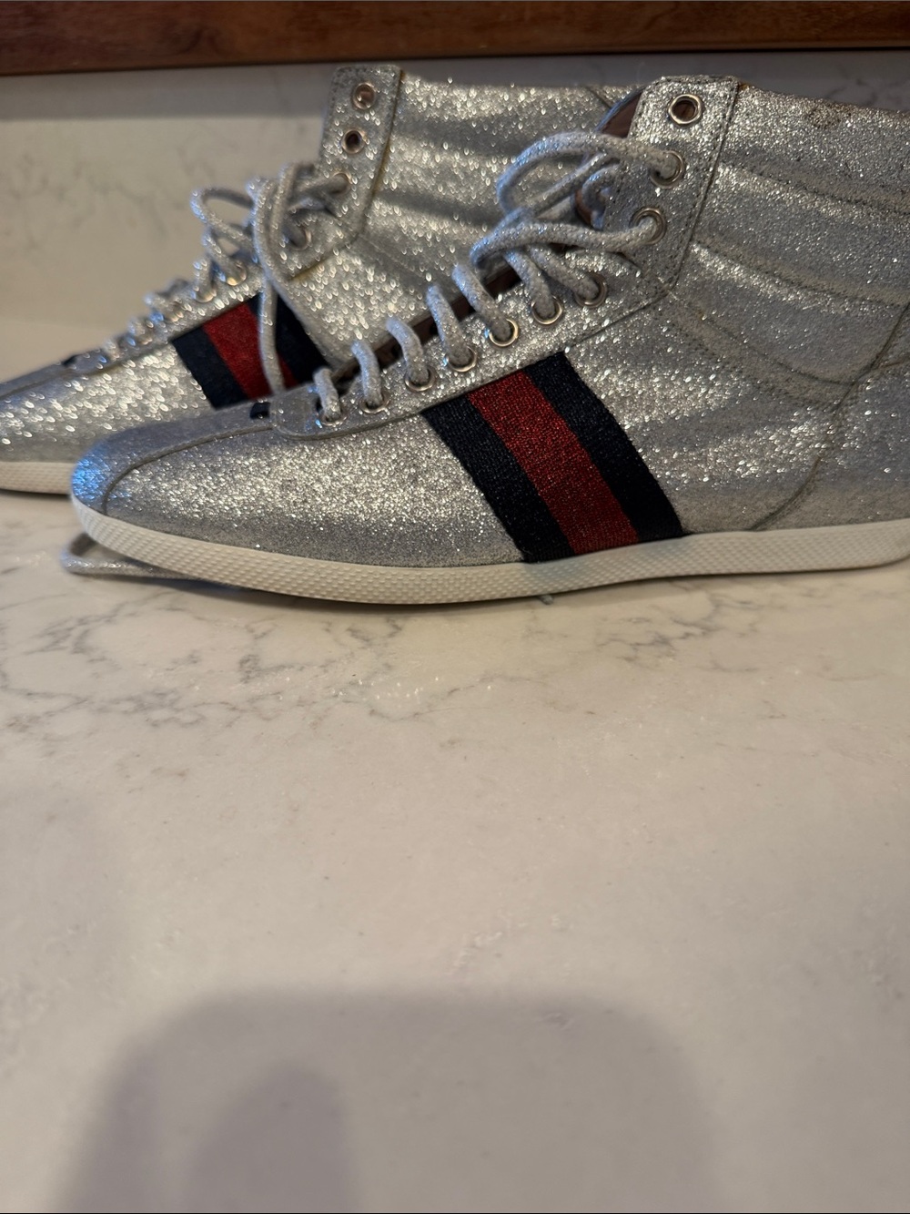 Gucci Silver Glitter High-Top Sneakers with Red & Navy Stripe
